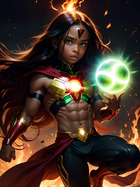 Marvel superhero baby black boy Green eyes and red flames in the middle long hair just unlocking his power  after a goddess bless him with a powerful orb of bright green and red light