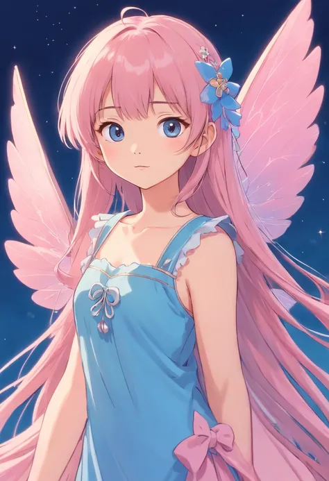 Asian fairy with long, straight hair with bangs, baby pink fairy wings and blue dress, blank background