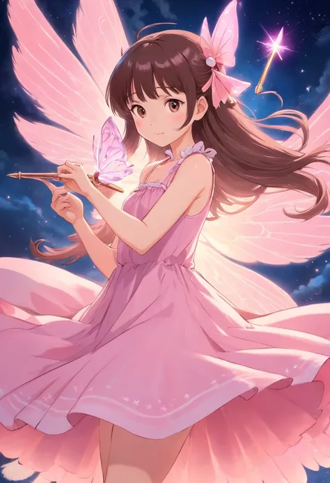 Asian fairy with long, straight hair with bangs, baby pink fairy wings and baby pink dress, magic wand