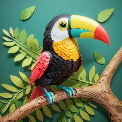 Bright colorful bird sitting on branch with leaves on green background, Tucano, trend on behance 3d art, trend on behance 3d art, arte em papel, 3d matte illustration, arte de modelagem de papel, artesanato de papel low poly, 6 bicos tucanos, alto detalham...