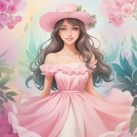 Cute Illustration Clipart (Cute full body girl in hat in sara kay style) em alegre, Light Pastels, estilo Sara Kay, aquarela e flores, pastel-hued,fundo branco, qualidade perfeita, Ultra resolution, imagem 300 dpi, 16k resolution