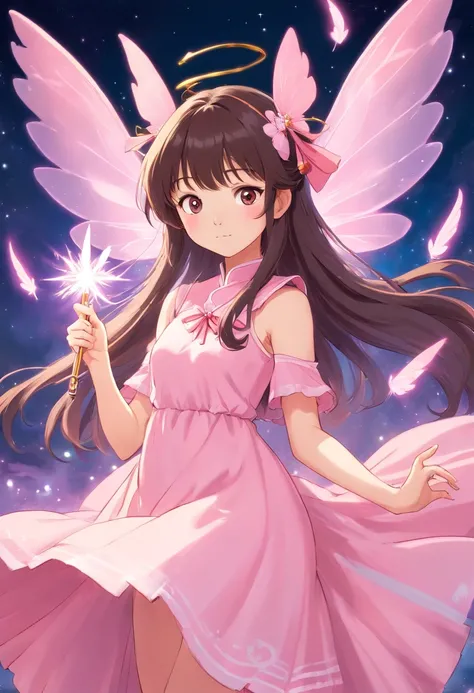 Asian fairy with long, straight hair with bangs, baby pink fairy wings and baby pink dress, holding magic wand