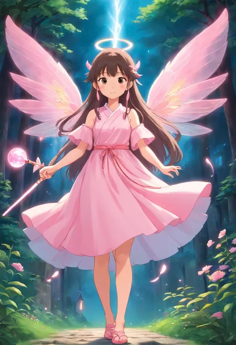 Asian fairy with long, straight hair with bangs, baby pink fairy wings and baby pink dress, holding magic wand