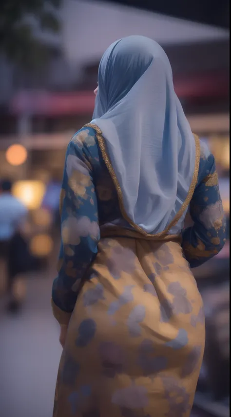 Malay girl in hijab wear small floral baju kurung malaysia in college, wear back pack, back view, detail skin, detail skin texture, mole below eyes, small breast, big hip, big waist, big round ass, big thigh, slim abs, beautiful body, nighttime, laughing, ...