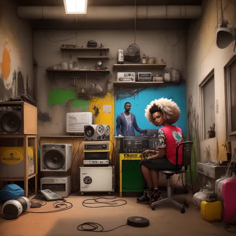 Theres a woman playing a DJ in a room, afro tecnologia, In his workshop in the basement, Mulher negra com cabelo afro, Manter-se ocupado na Art Station, music being played, Arte Promocional, afro, in a studio, Artista desconhecido, Afro - estilo futurista,...