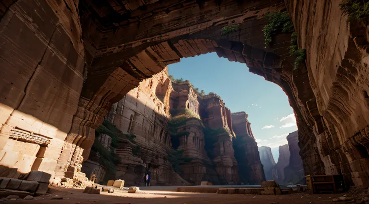 A colossal temple hidden among a canyon with sky in the middle