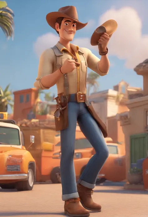 criar um personagem pixar com: homem idoso branco bronzeado, magro e alto com oculos escuro aviador, camisa xadrez laranja com azul, dark jeans, cabelo grisalho, wearing a light beige cowboy hat, usando uma bota texana.