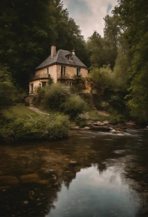 Please create a realistic image of nature filled with trees and flowers, a house in the background, and a river, during the day.