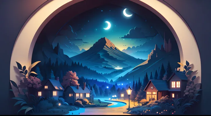 (((masterpiece)))), bestquality, illustration, beautifuldetailedglow, paper_cut, wallpaper,dark blue night landscape