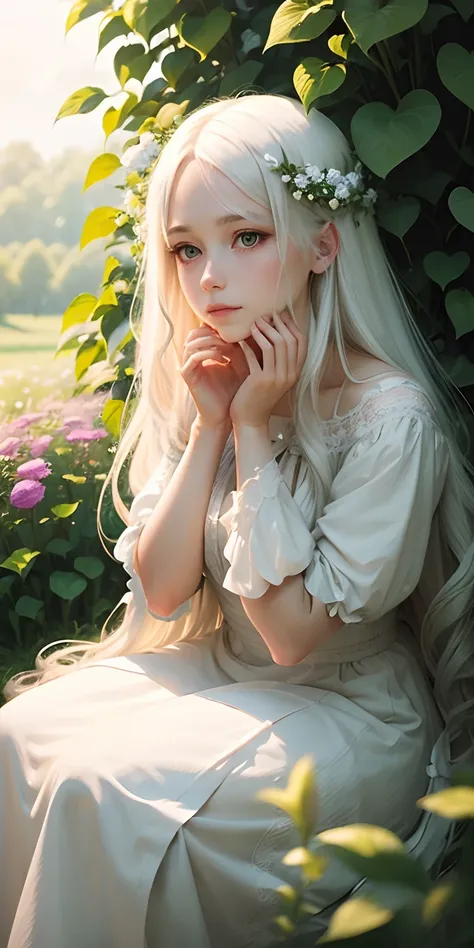 (masterpiece, best quality),1girl with long white hair sitting in a field of green plants and flowers, her hand under her chin, warm lighting, white dress, blurry foreground --auto