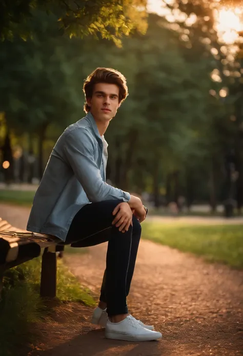 A young male 20 years old, in the park, brown hair, close up, Satellite image, Backlit, Hyper HD, high quality, Best quality, High resolution, 8k, 16k