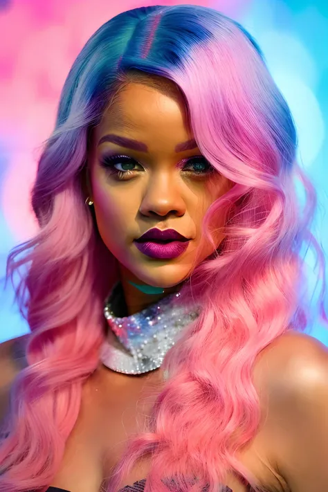 rihanna, With pink hair and a choke is posing for a photo, rosa vibrante, estilo de fantasia vibrante, cores ultravioleta e neon, rosto rosa brilhante, Gato Doja, cor vibrante, flowing pink hair, beleza de cair o queixo, long flowing pink hair, cabelos vib...