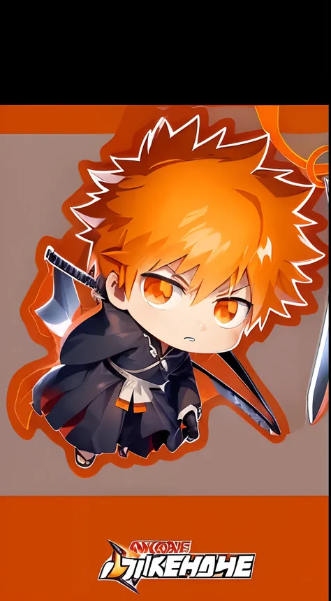 Cartoon image of a person with a sword and scabbard, Ichigo Kurosaki, Ichigo, bleach manga style, shinigami, Chibi, Chibi Anime, anime chibi, bleach, orange - haired anime boy, profile photo , In anime style,RPG Maker Icons