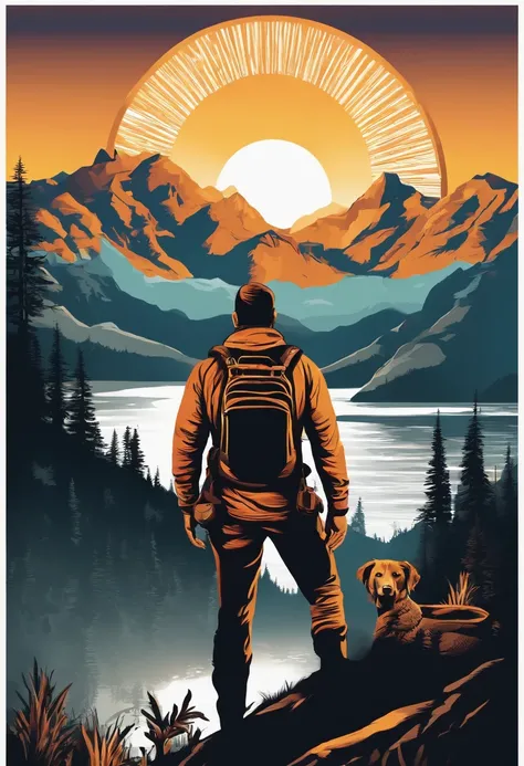 print ready vector t-shirt design, adventure scene with man explorer, with beautiful nocturnal sun and mountain and an animal in the background, clean white background, professional vector, full shot, 8K resolution, deep impression illustration