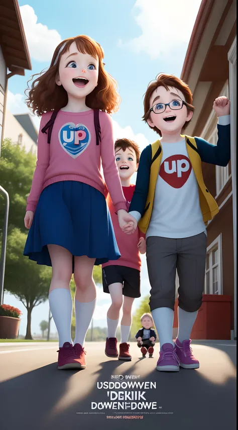 Create a Disney-style movie cover for the movie "up and down". Links ist eine Gruppe von Kindern mit downsyndrom. Right is a group of children with physical disabilities. Es stellt den Konflikt zwischen up, der rechten Gruppe, und down, der linken Gruppe.