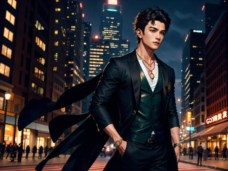 CG scan,(CG cover:1.2),Cover text,The body text,(Goujade necklace:1.1),1 boy,Black cardigan,Character requirements,Sports coat，City streets at night