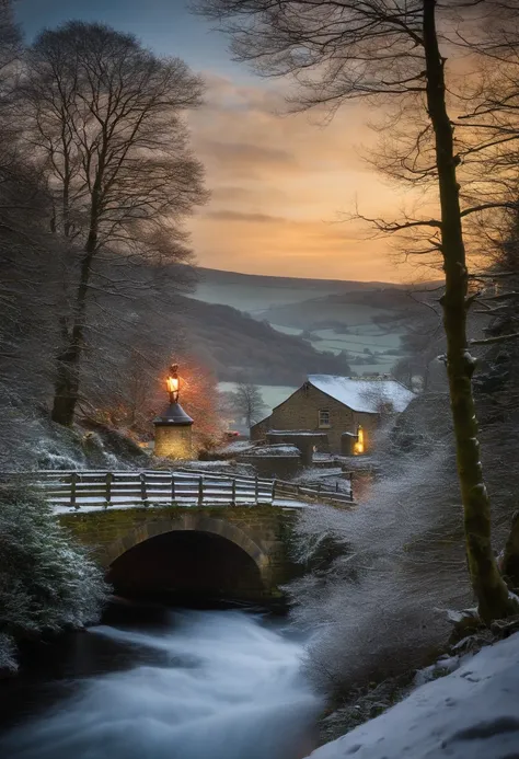 Yorkshire with a Santa Claus cap behind has a Christmas tree