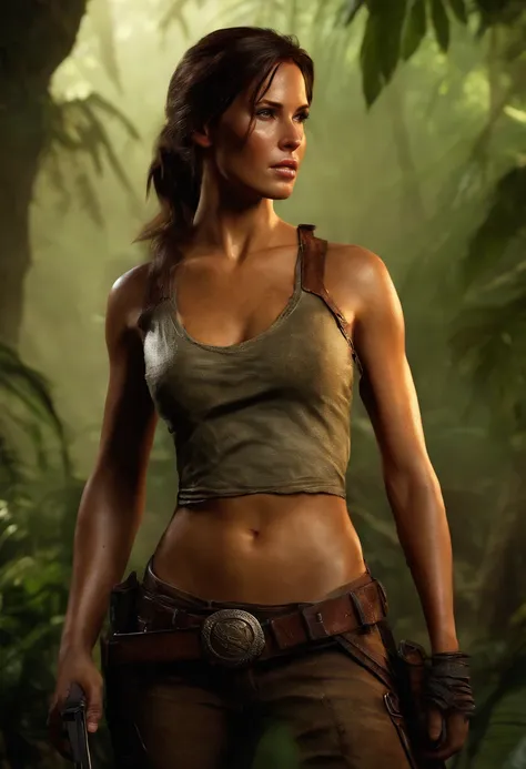 cowboy shot of lara croft, torn clothes, volumetric light, steaming body, particles, jungle, realistic