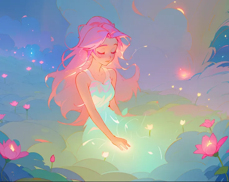 beautiful girl in white dress, fairy dress, beautiful girl sitting in a field with pink red flowers, glowing lights, whimsical landscape, long pink flowing hair, watercolor illustration, inspired by Glen Keane, inspired by Lois van Baarle, disney art style...