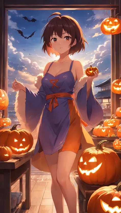 epic art, fantasy, jack-o-lantern, pumpkin, breasts, halloween, 1girl, witch_hat, detached_sleeves, solo, cleavage, large_breasts, bare_shoulders, lantern, looking_at_viewer, food, night, indoors, dress, fur_trim, window, holding, "long shot scenic profess...