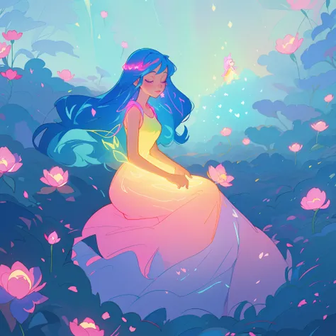 beautiful girl in gradient colorful dress, yellow pink purple fairy dress, beautiful girl sitting in a field with pink red flowers, puffy pink flowers, glowing lights, whimsical landscape, long dark blue flowing hair, watercolor illustration, inspired by G...