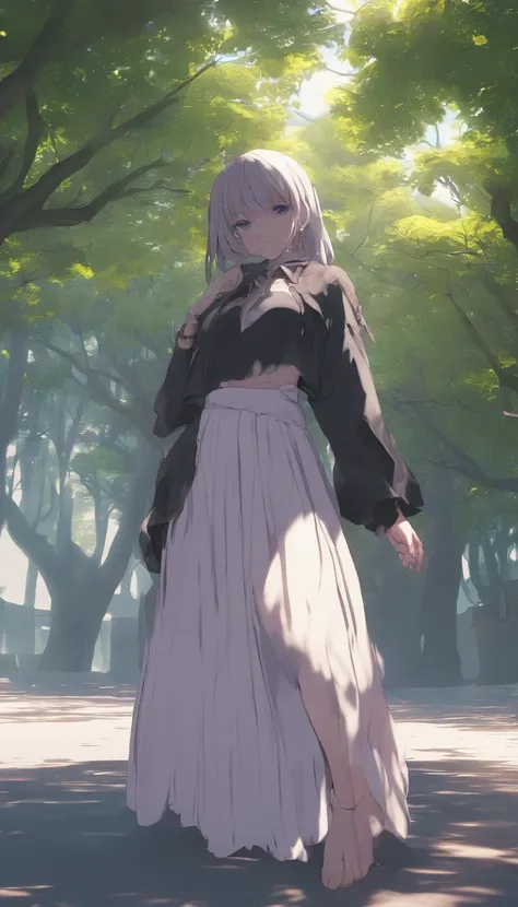 1girl, barefoot, feet, skirt, breasts, outdoors, looking_at_viewer, tree, blush, bare_legs, sitting, solo, large_breasts, black_skirt, mole, legs, bare_shoulders, toes, thighs, shirt, off_shoulder, sidelocks, bush, day, long_sleeves, leg_hug, mole_under_ey...