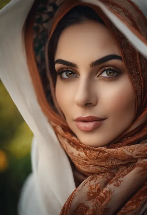 (best quality,highres,ultra-detailed,realistic:1.37),vivid colors,bokeh,professional,portrait,headshot,beautiful detailed eyes,beautiful detailed lips,covered face with scarf,fashionable girl wearing a hijab,garden background,morning sunlight,peaceful atmo...