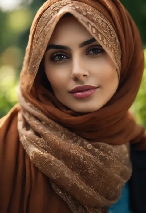 (best quality,highres,ultra-detailed,realistic:1.37),vivid colors,bokeh,professional,portrait,headshot,beautiful detailed eyes,beautiful detailed lips,covered face with scarf,fashionable girl wearing a hijab,garden background,morning sunlight,peaceful atmo...