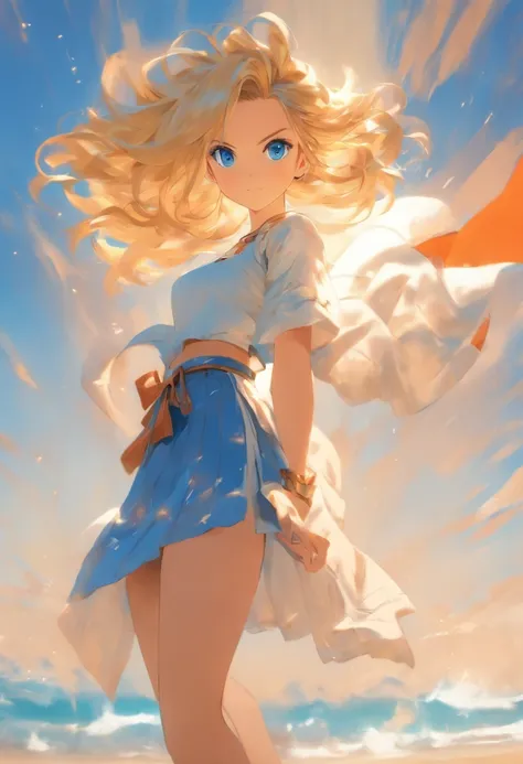 Blonde short woman,Blue, orange and white clothes,Long skirt in blue,Wattson(APEX)Women like,femele,Blue eyes,A mysterious space like a sandy beach,Brown leather shoulder bag,White blouses,