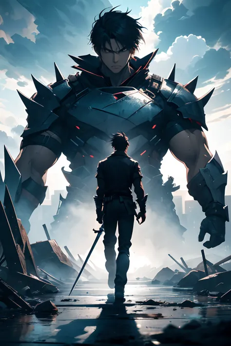 Generate an intense and action-packed description for an anime-style image. The scene should feature a determined man holding a gleaming sword, standing resolutely in front of a massive, menacing monster. Describe the mans appearance, the details of his sw...