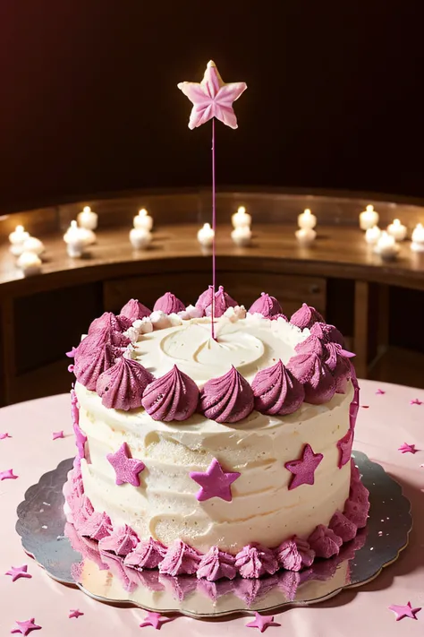 Generate an image of a round cake topped with a bright magenta frosting. The cake is decorated with magenta sugar stars that form an elegant pattern along the edges. No topo do bolo, Theres a bigger, brighter star, adicionando um toque de destaque. The ima...