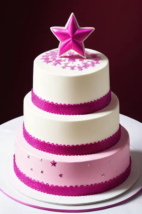 Generate an image of a round cake topped with a bright magenta frosting. The cake is decorated with magenta sugar stars that form an elegant pattern along the edges. No topo do bolo, Theres a bigger, brighter star, adicionando um toque de destaque. The ima...