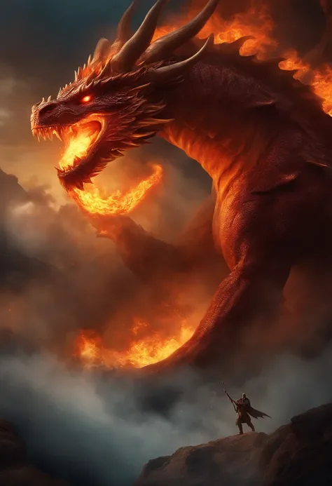 Giant with the head of a dragon dragging a chain of fire