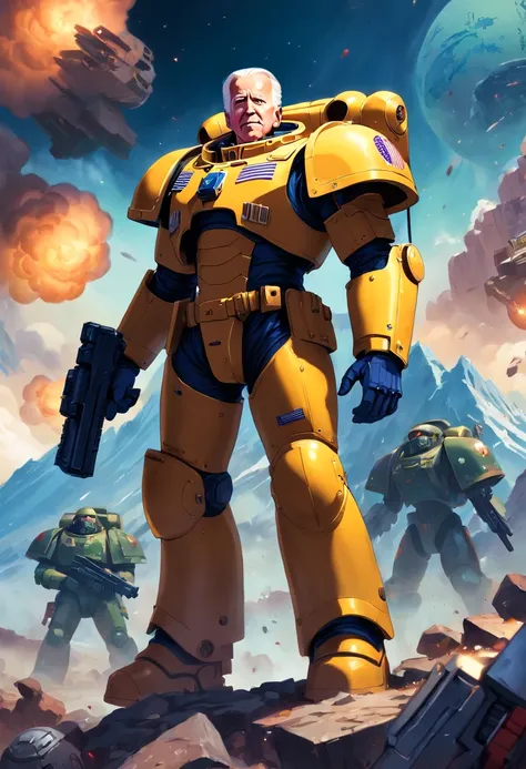 Joe biden as a 40k space marine,warhammer 40k era,high quality,blurred background,standing on a mountain of skulls