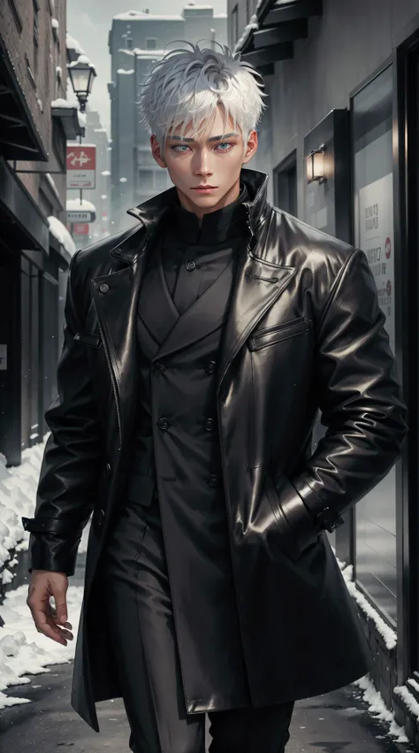 black winter male overcoat black clothing,satoru gojo,white hair,short hair,hair between eyes,blue eyes,colored eyelashses,dark formal suit, black formal outfit, black coat, walking straight,(photorealistic:1.4), (masterpiece, sidelighting, finely detailed...