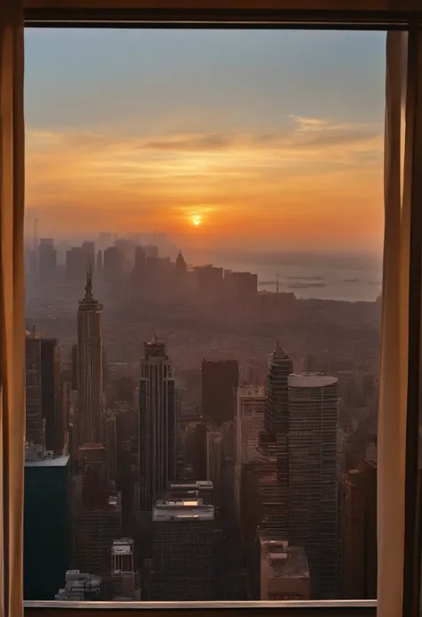 Realistic depiction of a tranquil view of the city from a skyscraper window. The city sprawls below with a mix of architectural styles, parques e estradas. Sunset paints the scene in warm tones, providing a moment of relaxation amidst the hustle and bustle...