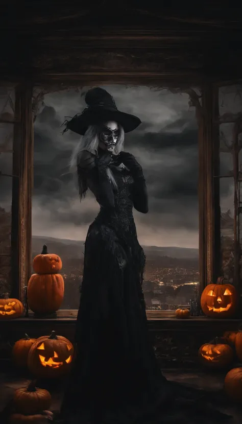 epic art, fantasy, jack-o-lantern, pumpkin, breasts, halloween, 1girl, witch_hat, detached_sleeves, solo, cleavage, large_breasts, bare_shoulders, lantern, looking_at_viewer, food, night, indoors, dress, fur_trim, window, holding, "long shot scenic profess...