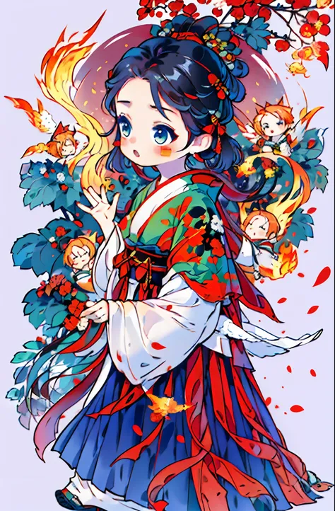 1girl, ((Sticker: 1.5))), ((Chibi character)), (white background), Fluffy, Girl, Kimono, ((phoenix wings)), ((Chibi Chara)), Full Body, Fire Hair, Phoenix, Fantastic, Fire, T-shirt Design, Best Masterpiece, Best Quality, 16k, Surprised Face, ((hands hidden...