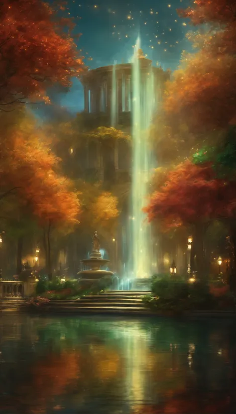 "Imagine a magical city with crystal streets that reflect celestial light, where a majestic fountain surrounded by luminous trees radiates a divine glow."