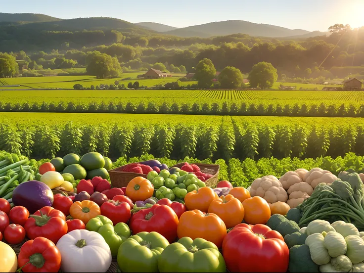 photoRealstic、4K、8K、Top image quality、Baskets on the ground contain different types of vegetables, Idyllic and fruitful land, permaculture, local cuisine, Verdure, veggies, Farmland, rows of lush crops, ❤🔥🍄🌪, abundant fruiting seeds, radiant morning light,...