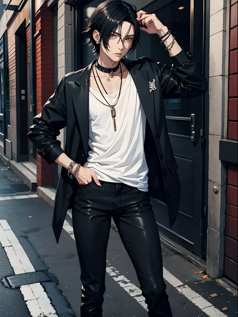 anime slim man with black hair, streetstyle clothes, jewelry