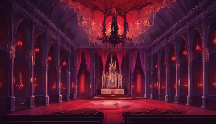 A demonic church dark shadowy dimly lit red and purple regal ball room with high chandeliers hanging from the ceiling. There is an open floor. There are masquerade masked people dancing waltz and a banquet. There is music playing. It is evil and sinister.