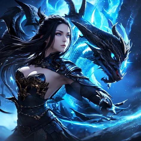 (a magical warrior:1.2,black hair:fine,dark pale skin:0.9,piercing bright blue eyes,serious expression,ultra-detailed), (a dragon:1.1) observing her from the background,(magic:1.1) flowing from her hands, (natural light:1.1),(best quality,4K,highres:1.2),(...