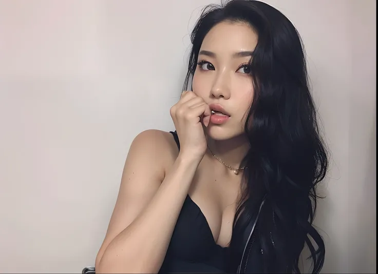 there is a woman that is sitting down with her hand on her chin, Mulher sul-coreana bonita, Beautiful Asian woman, Asian women, Asian woman, Mulher coreana, Mulher bonita , Asian girl, Beautiful Asian girl, an Asian woman, Omina Tachibana, linda mulher cor...