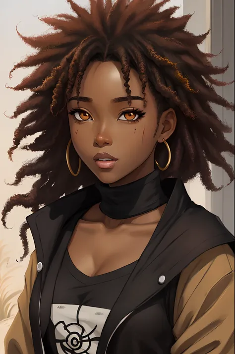 A young black girl with brownskin, Black curly Afro hair with blonde streaks in two puffs & her edges swooped with onyx eyes, prominent eyelashes & two beauty marks under her right eye in Naruto art style