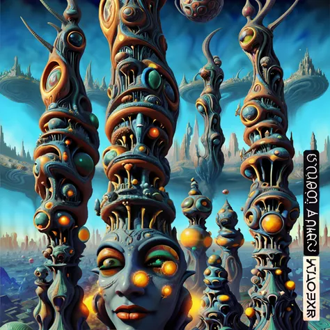 a painting of a group of tall towers with faces on them, dmt city, dmt entity, dmt art, psytrance artwork, surreal alien kingdom, intricate futurism, dmt machine elves, elaborate digital art, dmt realm, hallucinatory art, dmt entity ; lsd art, psychedelic ...