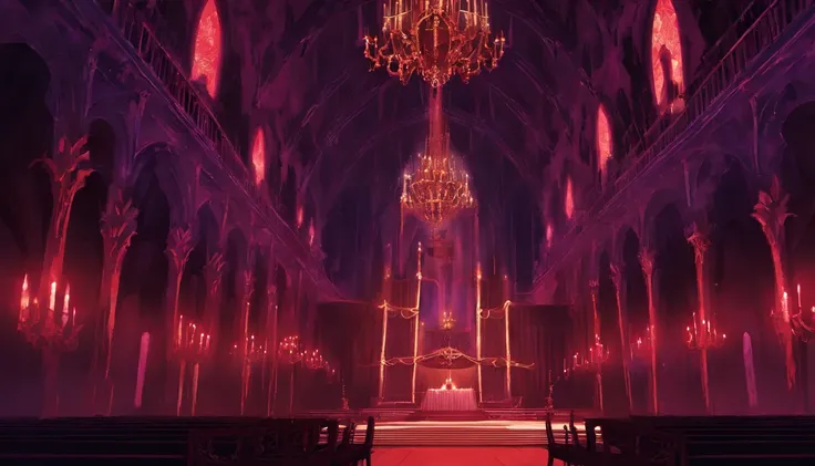 A demonic church dark shadowy dimly lit red and purple regal ball room with high chandeliers hanging from the ceiling. There is an open floor. There are masked people dancing waltz and a banquet. There is music playing. It is evil and sinister.