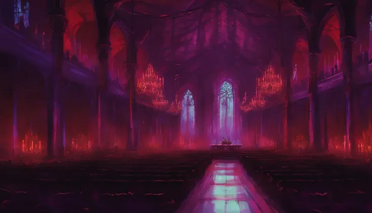 A demonic church dark shadowy dimly lit red and purple regal ball room with high chandeliers hanging from the ceiling. There is an open floor. There are masked people dancing waltz and a banquet. There is music playing. It is evil and sinister.