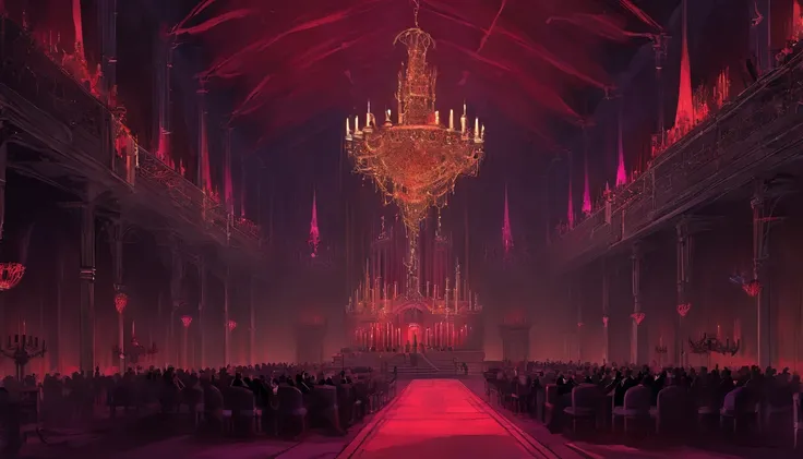 A demonic church dark shadowy dimly lit red and purple regal ball room with high chandeliers hanging from the ceiling. There is an open floor. There are masked people dancing waltz and a banquet. There is music playing. It is evil and sinister.