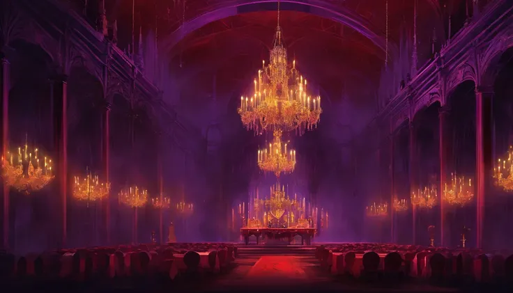 A demonic church dark shadowy dimly lit red and purple regal ball room with high chandeliers hanging from the ceiling. There is an open floor. There are masquerade masked people dancing waltz and a banquet. There is music playing. It is evil and sinister.